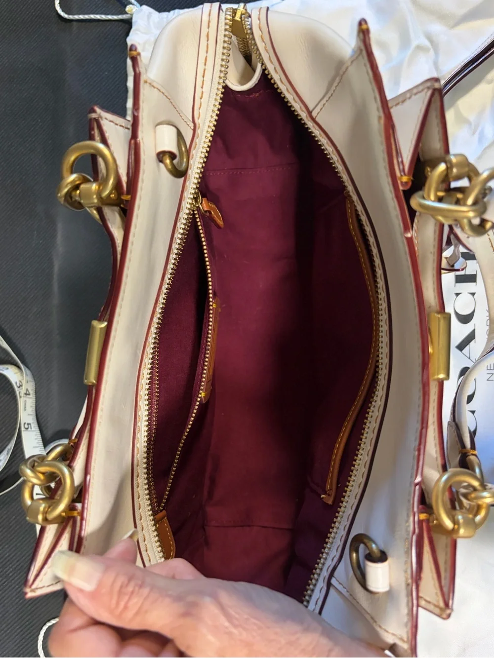 Coach Dreamer Brown Signature Satchel with Cream Trim and Gold Hardware